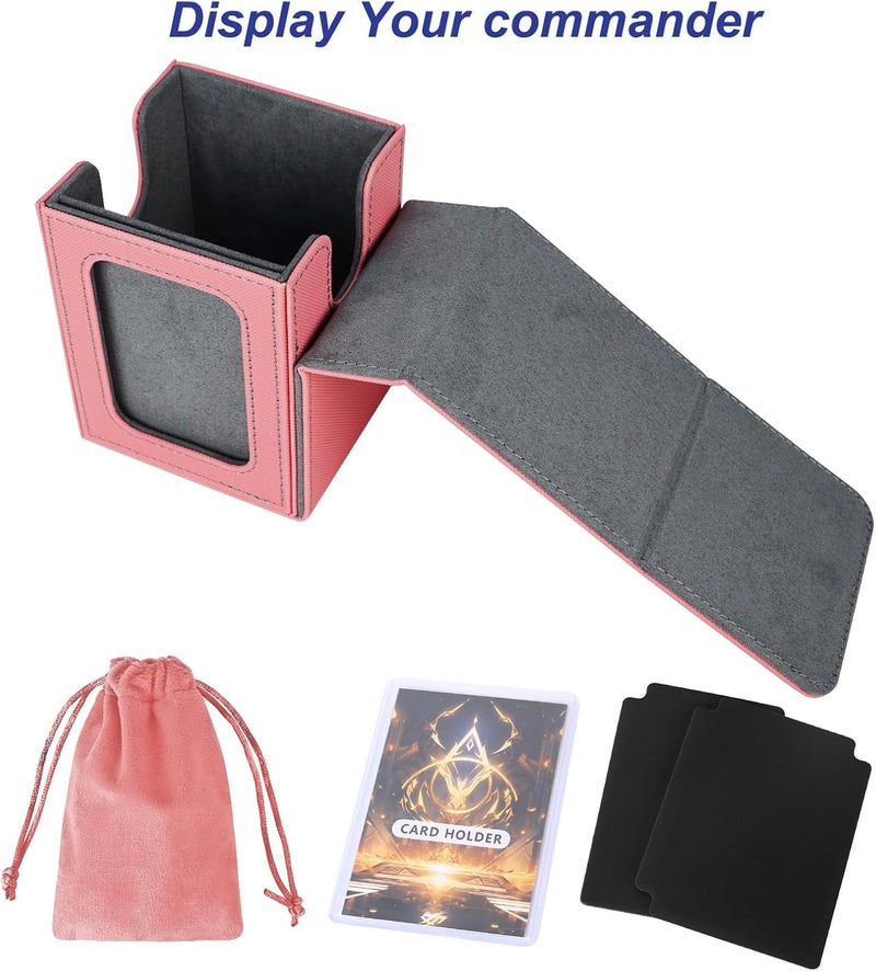 AFIING MTG Deck Box for Commander Display,Card Deck Box Fits 100 Double Sleeved Cards, Magic Commander TCG Card Storage Box with 2 Dividers,Drawstring Bag and 1 Toploader(Pink/grey) - Image 4